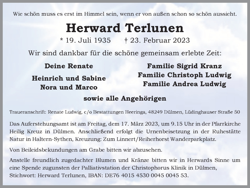  Traueranzeige für Herward Terlunen vom 11.03.2023 aus Ruhr Nachrichten und Dorstener Zeitung