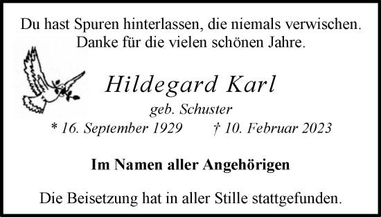 Traueranzeige von Hildegard Karl von Medienhaus Bauer