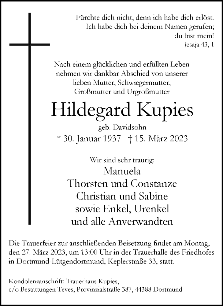  Traueranzeige für Hildegard Kupies vom 18.03.2023 aus 