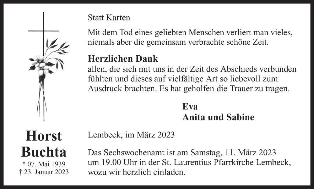  Traueranzeige für Horst Buchta vom 08.03.2023 aus Ruhr Nachrichten und Dorstener Zeitung