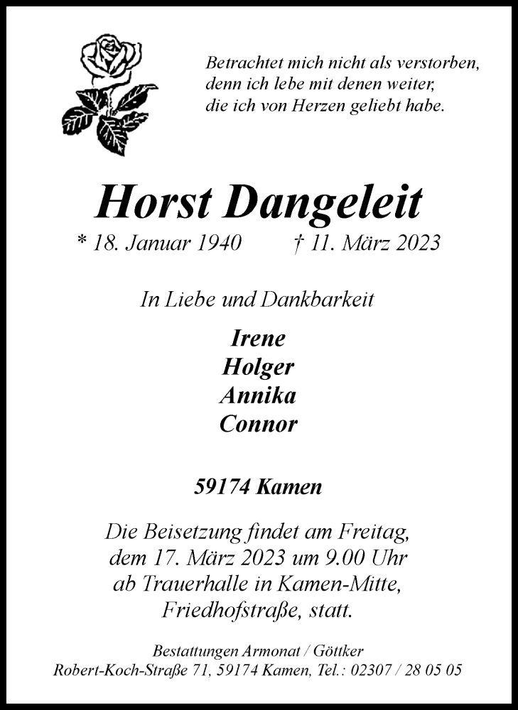  Traueranzeige für Horst Dangeleit vom 15.03.2023 aus Hellweger Anzeiger