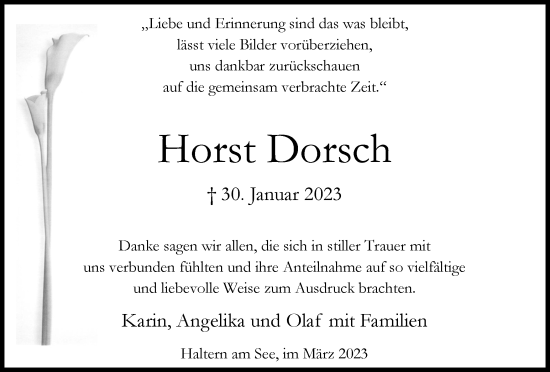 Traueranzeige von Horst Dorsch von Ruhr Nachrichten und Halterner Zeitung