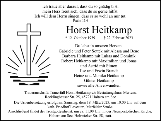 Traueranzeige von Horst Heitkamp von Ruhr Nachrichten und Halterner Zeitung