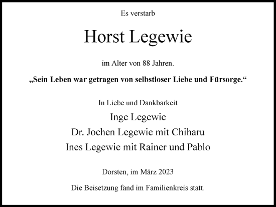 Traueranzeige von Horst Legewie von Ruhr Nachrichten und Dorstener Zeitung