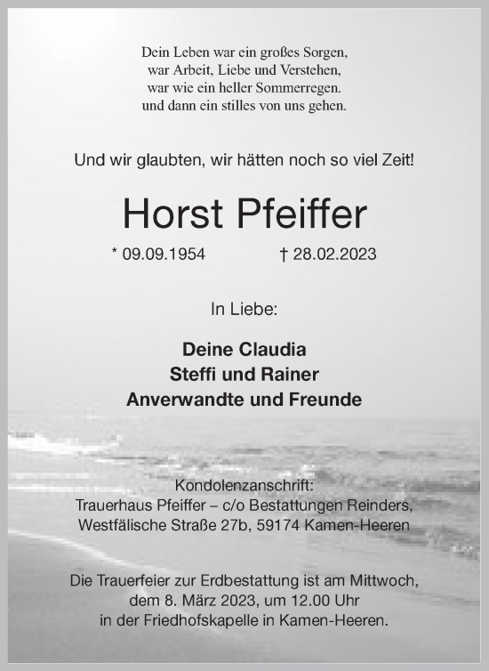 Traueranzeige von Horst Pfeiffer von Hellweger Anzeiger