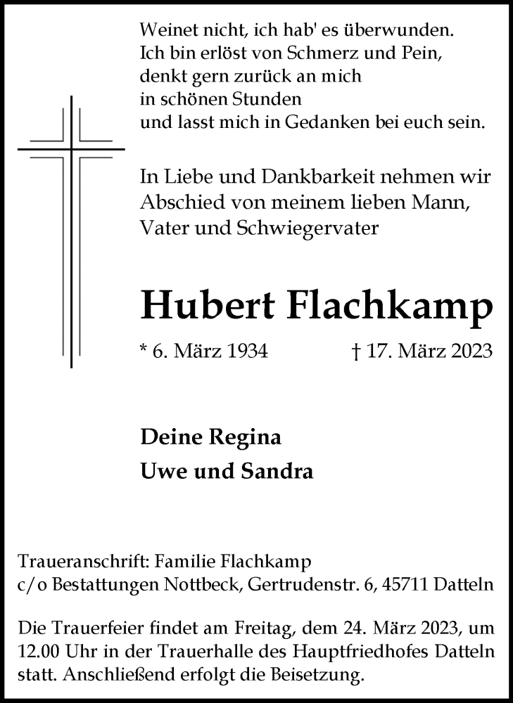 Traueranzeige für Hubert Flachkamp vom 22.03.2023 aus Medienhaus Bauer