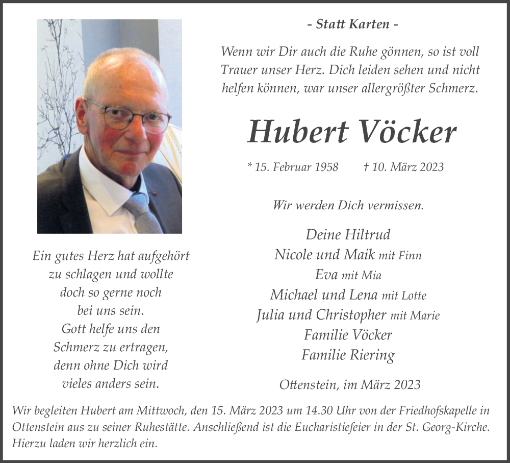  Traueranzeige für Hubert Vöcker vom 13.03.2023 aus Münstersche Zeitung und Münsterland Zeitung
