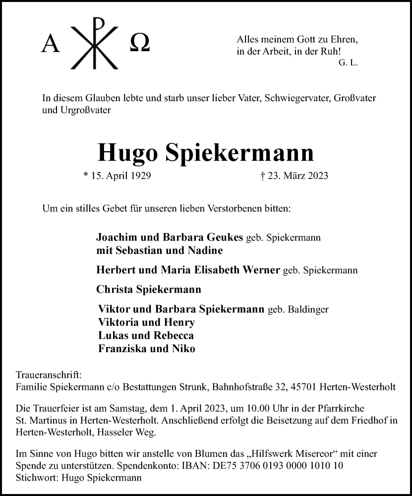  Traueranzeige für Hugo Spiekermann vom 29.03.2023 aus Medienhaus Bauer