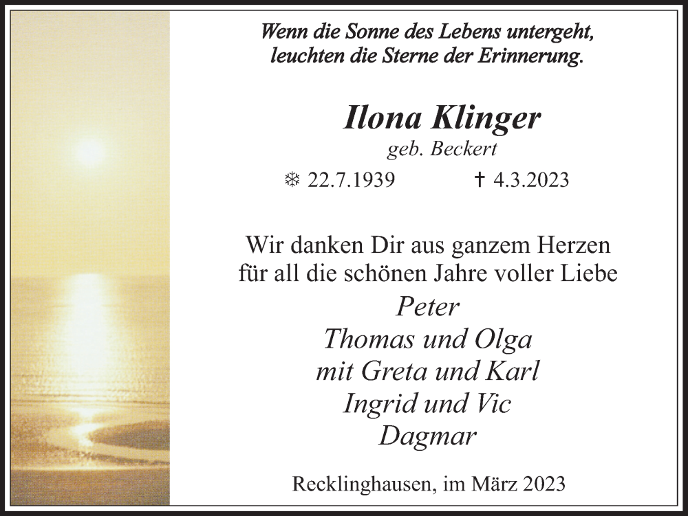  Traueranzeige für Ilona Klinger vom 22.03.2023 aus Medienhaus Bauer