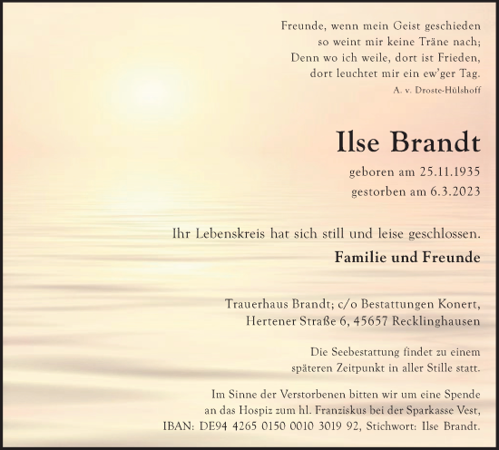 Traueranzeige von Ilse Brandt von Medienhaus Bauer