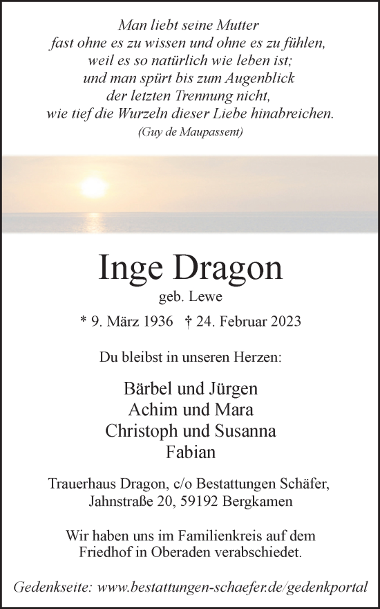 Traueranzeige von Inge Dragon von Hellweger Anzeiger