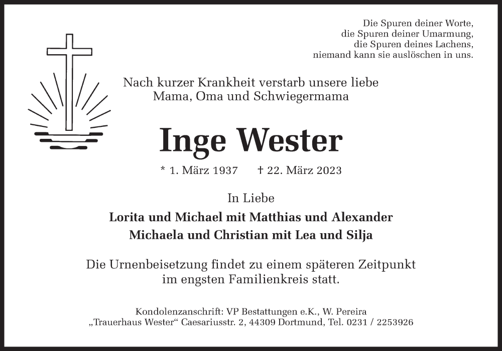  Traueranzeige für Inge Wester vom 25.03.2023 aus 