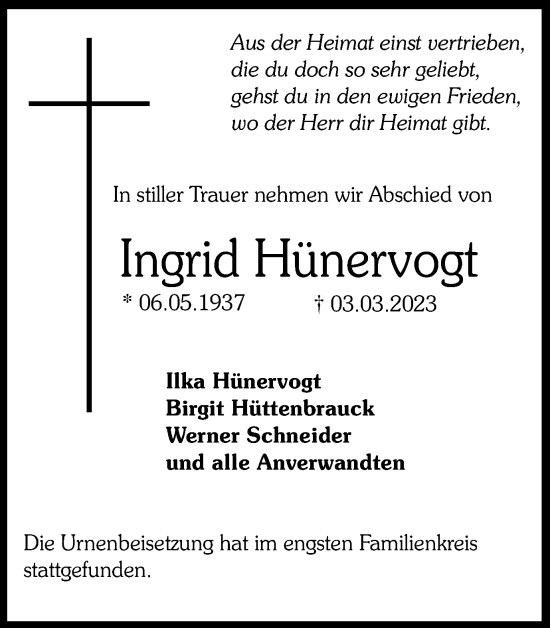 Traueranzeige von Ingrid Hünervogt von Hellweger Anzeiger