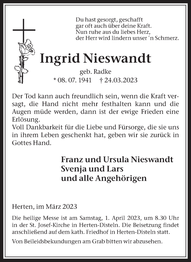  Traueranzeige für Ingrid Nieswandt vom 29.03.2023 aus Medienhaus Bauer