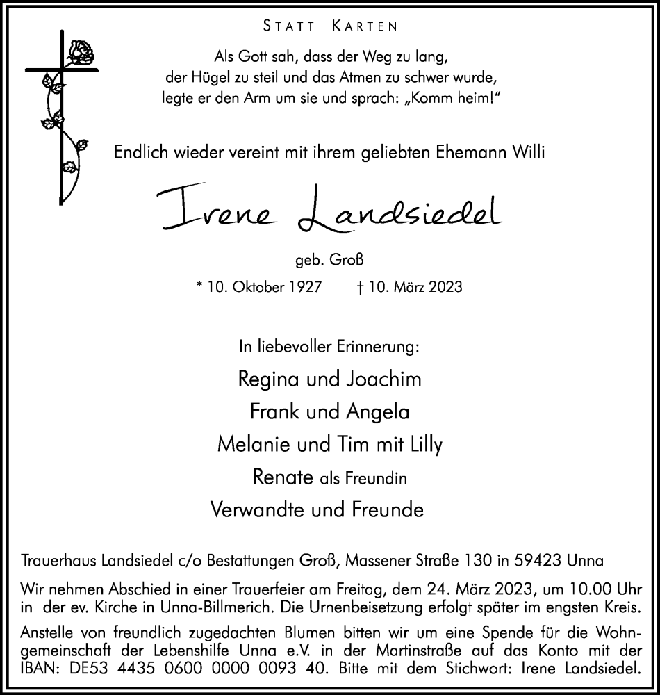  Traueranzeige für Irene Landsiedel vom 18.03.2023 aus Hellweger Anzeiger