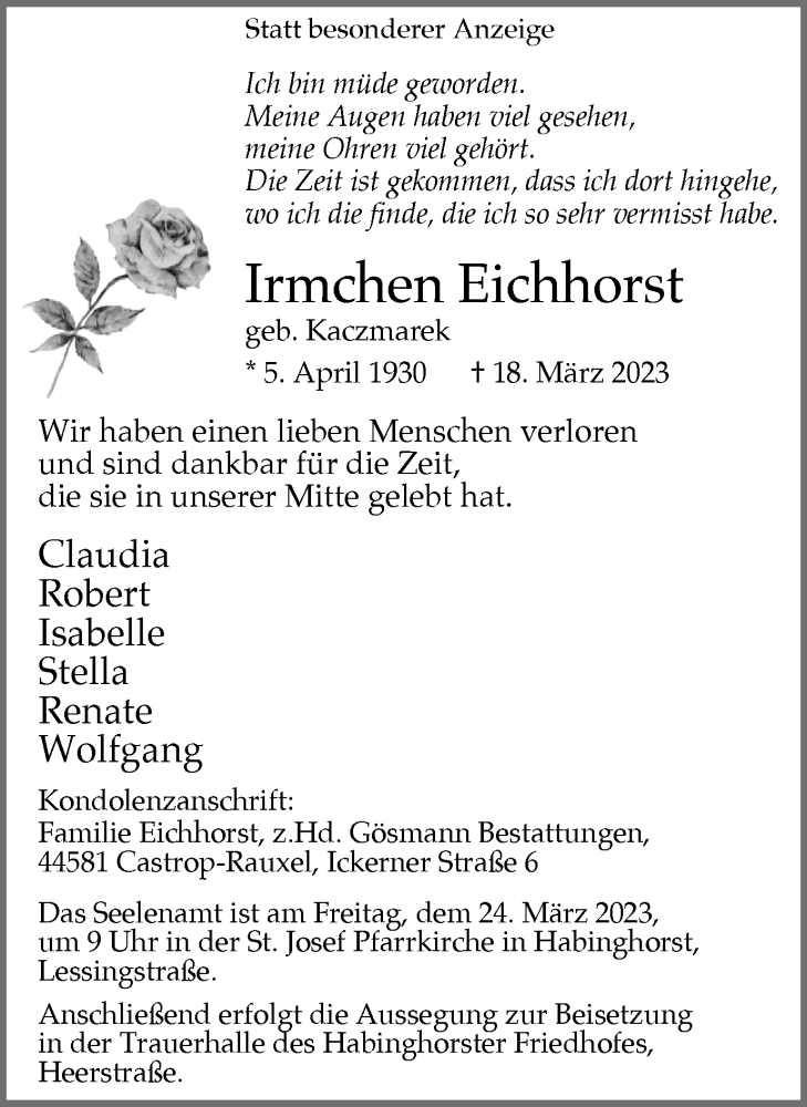  Traueranzeige für Irmchen Eichhorst vom 22.03.2023 aus Ruhr Nachrichten