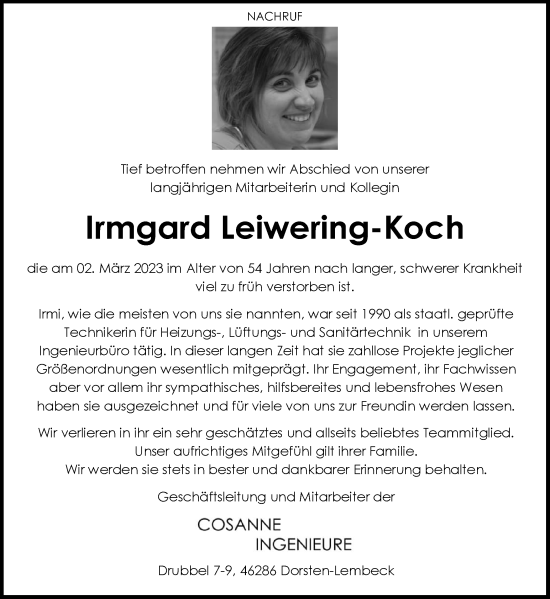 Traueranzeige von Irmgard Leiwering-Koch 