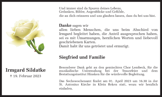 Traueranzeige von Irmgard Sildatke von Ruhr Nachrichten und Dorstener Zeitung