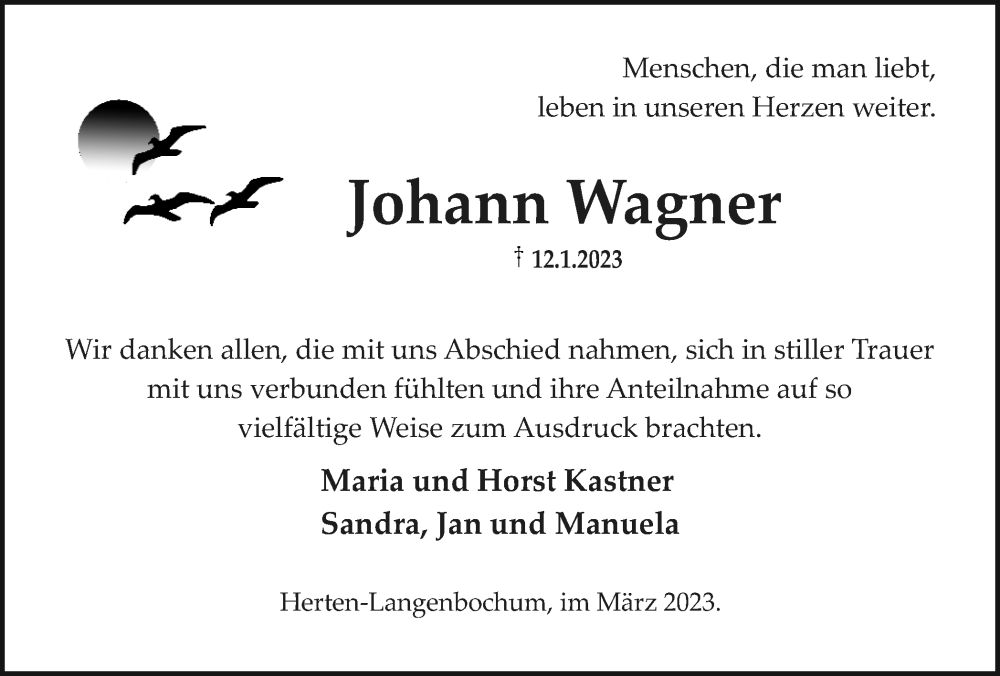  Traueranzeige für Johann Wagner vom 11.03.2023 aus Medienhaus Bauer