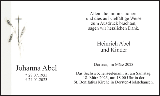 Traueranzeige von Johanna Abel von Ruhr Nachrichten und Dorstener Zeitung