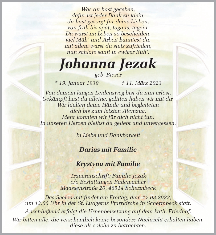  Traueranzeige für Johanna Jezak vom 14.03.2023 aus Ruhr Nachrichten und Dorstener Zeitung