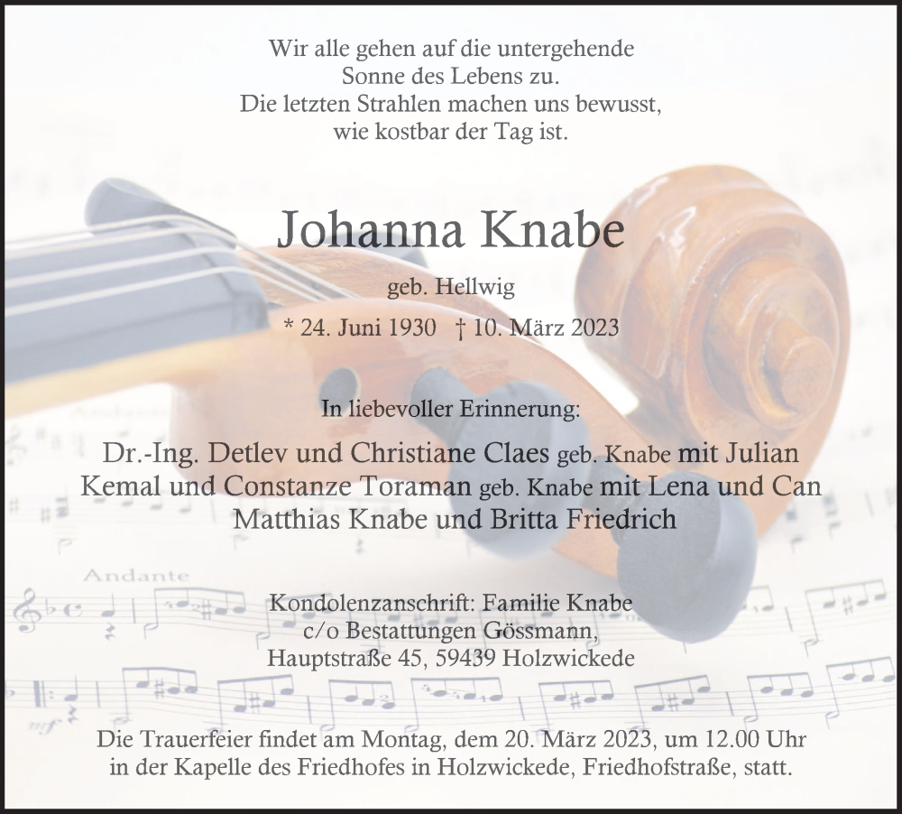  Traueranzeige für Johanna Knabe vom 18.03.2023 aus Hellweger Anzeiger