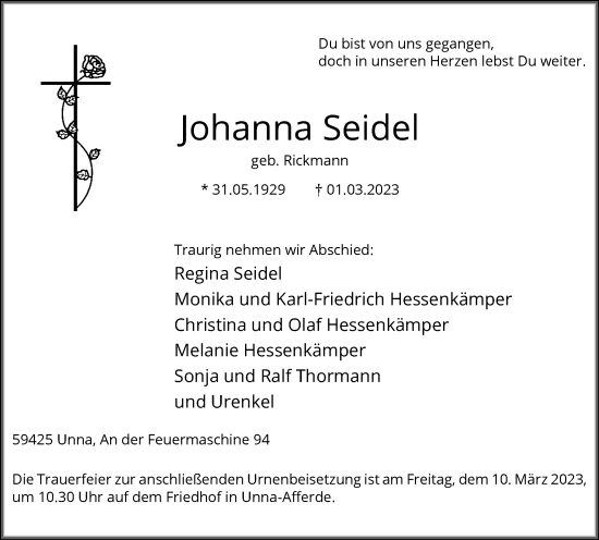 Traueranzeige von Johanna Seidel von Hellweger Anzeiger