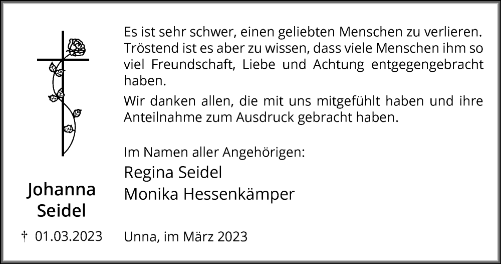  Traueranzeige für Johanna Seidel vom 18.03.2023 aus Hellweger Anzeiger