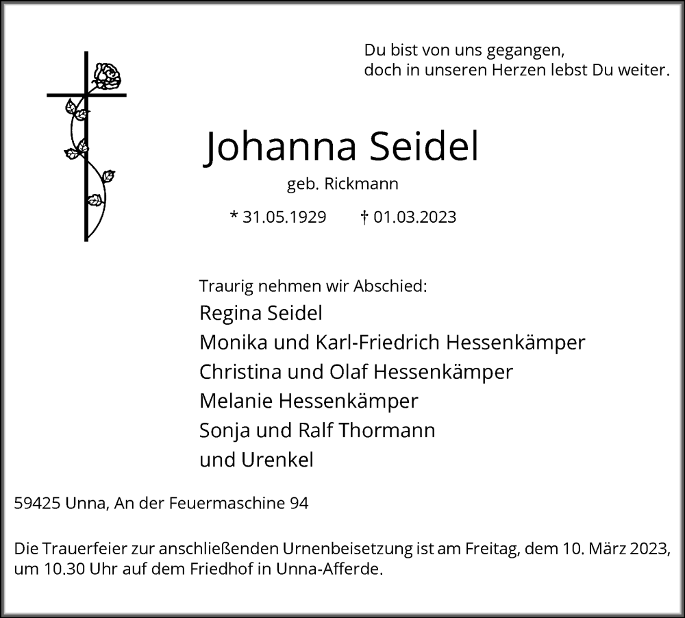  Traueranzeige für Johanna Seidel vom 03.03.2023 aus Hellweger Anzeiger