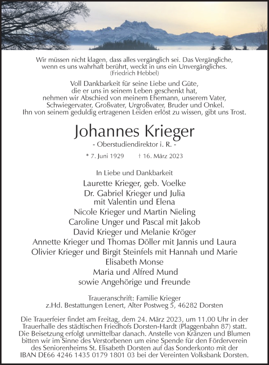 Traueranzeige von Johannes Krieger von Ruhr Nachrichten und Dorstener Zeitung