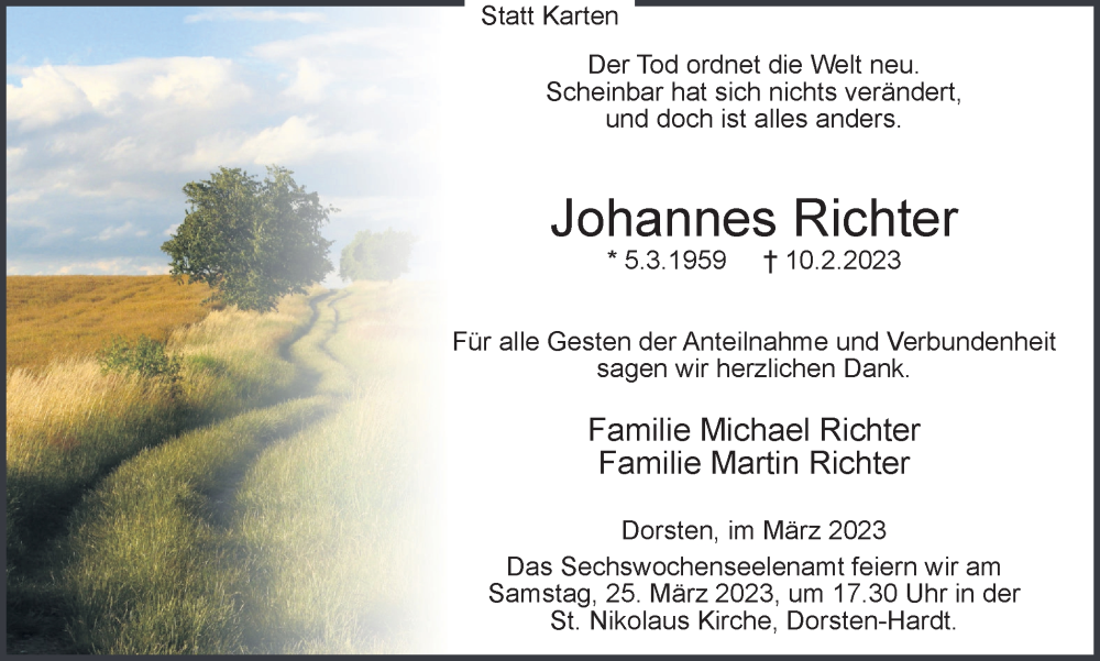 Traueranzeige für Johannes Richter vom 22.03.2023 aus Ruhr Nachrichten und Dorstener Zeitung