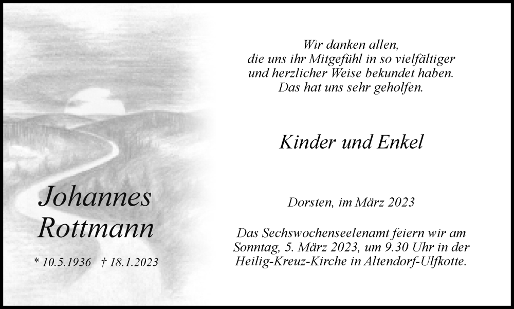  Traueranzeige für Johannes Rottmann vom 01.03.2023 aus Ruhr Nachrichten und Dorstener Zeitung