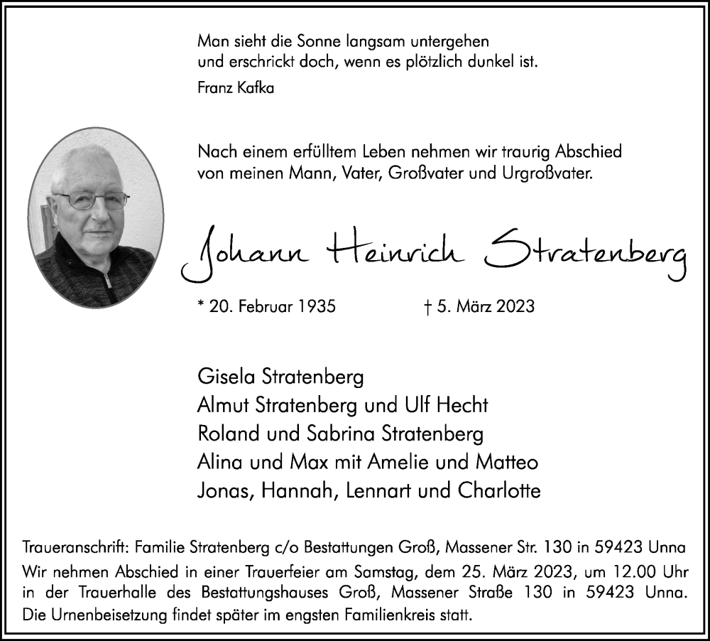  Traueranzeige für Johann Heinrich Stratenberg vom 11.03.2023 aus Hellweger Anzeiger