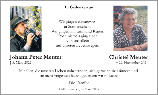 Traueranzeige von Johann Peter u Christel Meuter von Ruhr Nachrichten und Halterner Zeitung