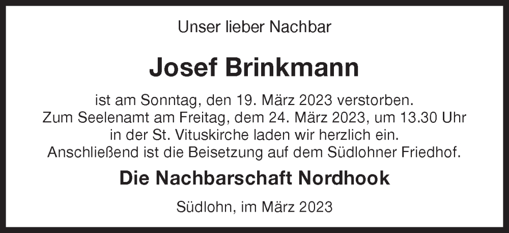  Traueranzeige für Josef Brinkmann vom 23.03.2023 aus Münstersche Zeitung und Münsterland Zeitung