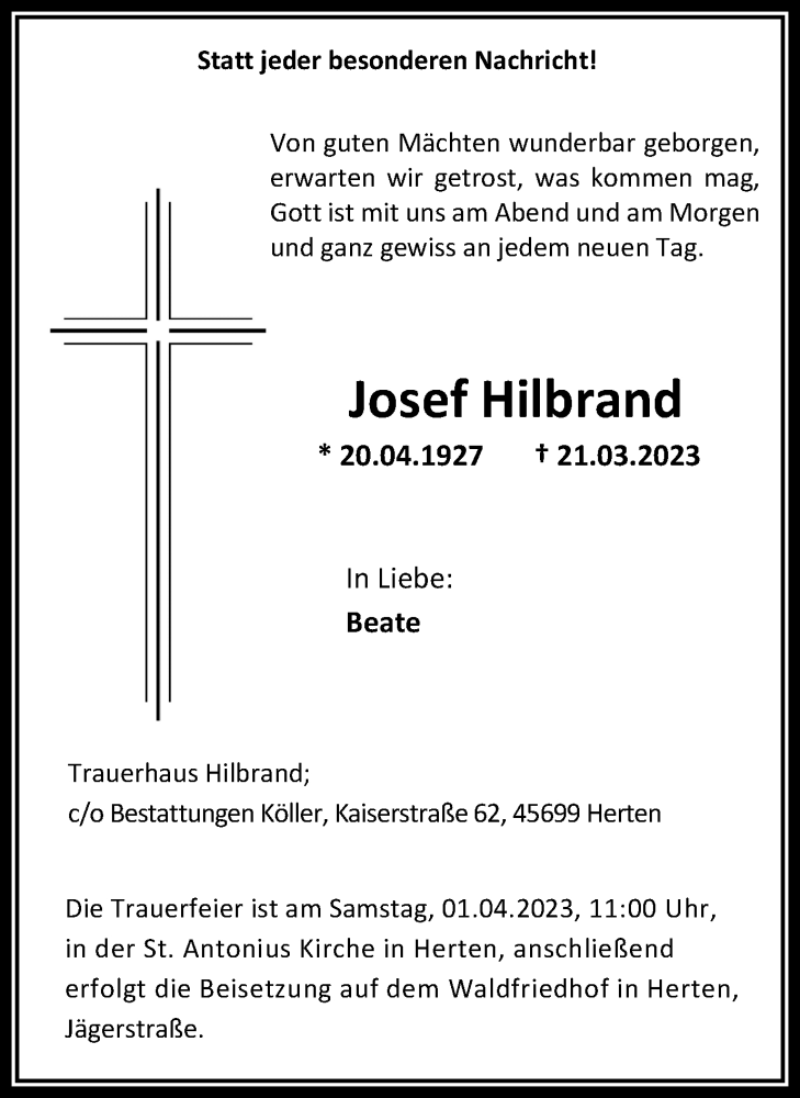  Traueranzeige für Josef Hilbrand vom 29.03.2023 aus Medienhaus Bauer