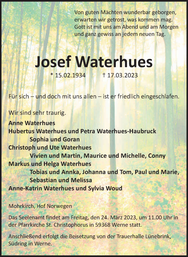  Traueranzeige für Josef Waterhues vom 22.03.2023 aus Ruhr Nachrichten