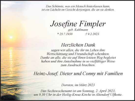 Traueranzeige von Josefine Fimpler von Ruhr Nachrichten und Dorstener Zeitung