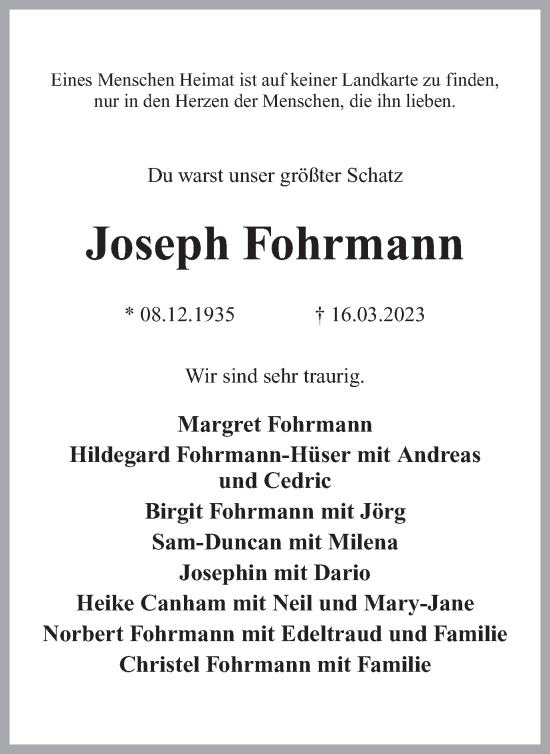 Traueranzeige von Joseph Fohrmann von Ruhr Nachrichten