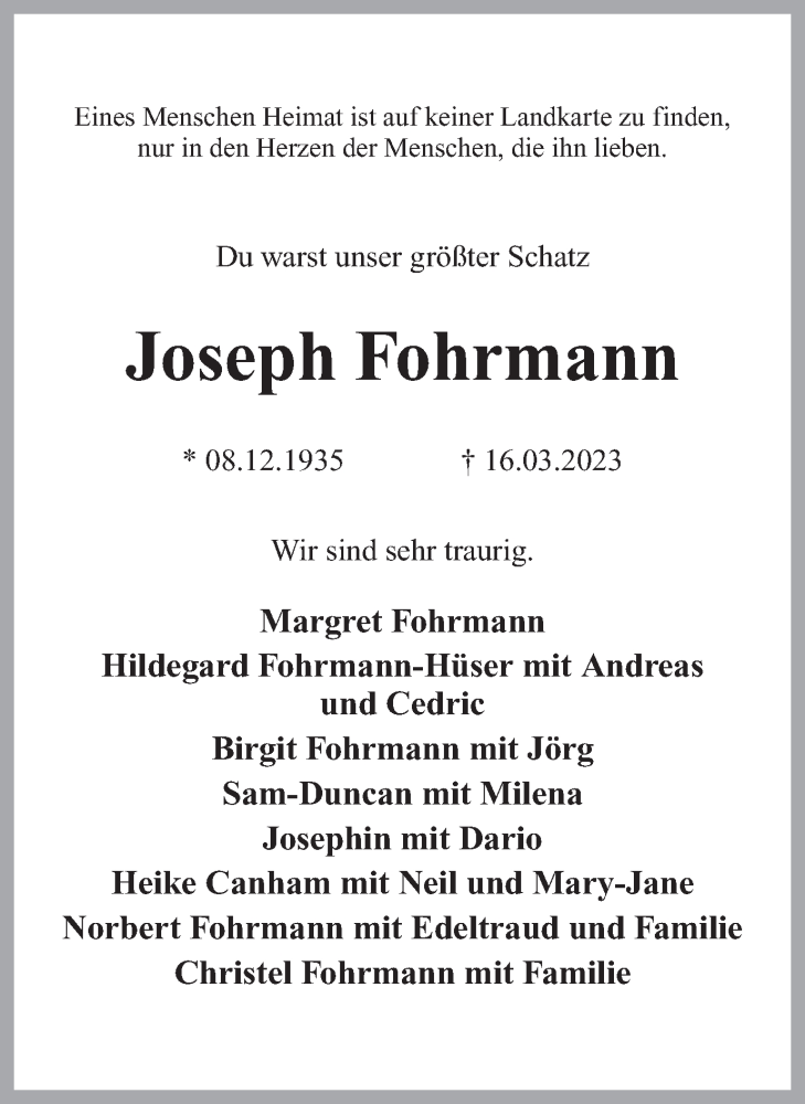  Traueranzeige für Joseph Fohrmann vom 21.03.2023 aus Ruhr Nachrichten
