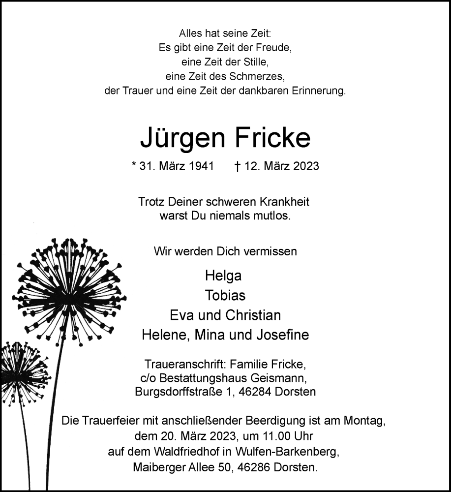  Traueranzeige für Jürgen Fricke vom 15.03.2023 aus Ruhr Nachrichten und Dorstener Zeitung