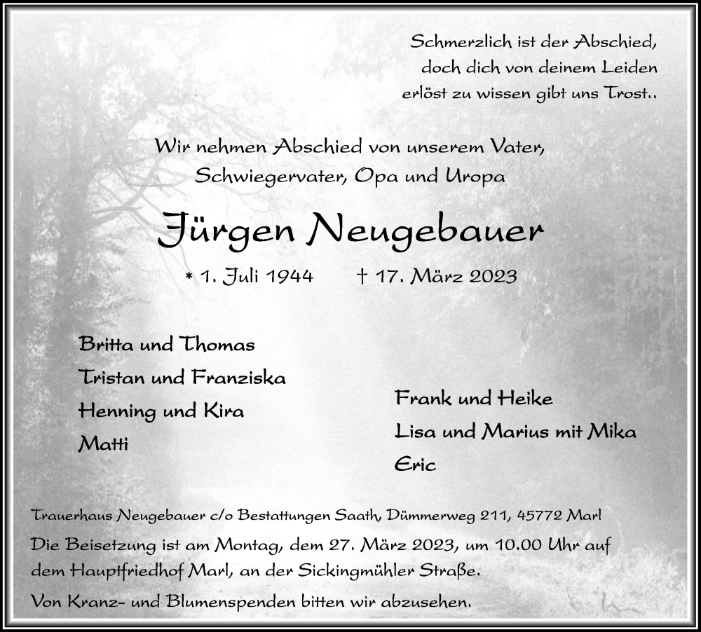  Traueranzeige für Jürgen Neugebauer vom 23.03.2023 aus Medienhaus Bauer