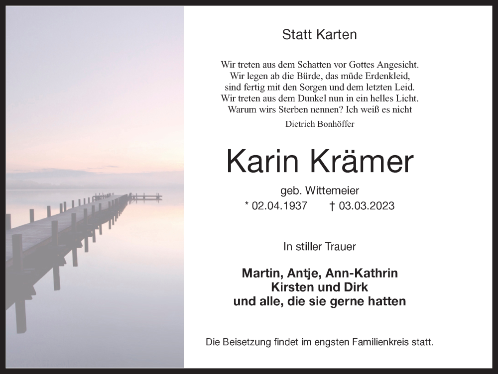  Traueranzeige für Karin Krämer vom 11.03.2023 aus Hellweger Anzeiger