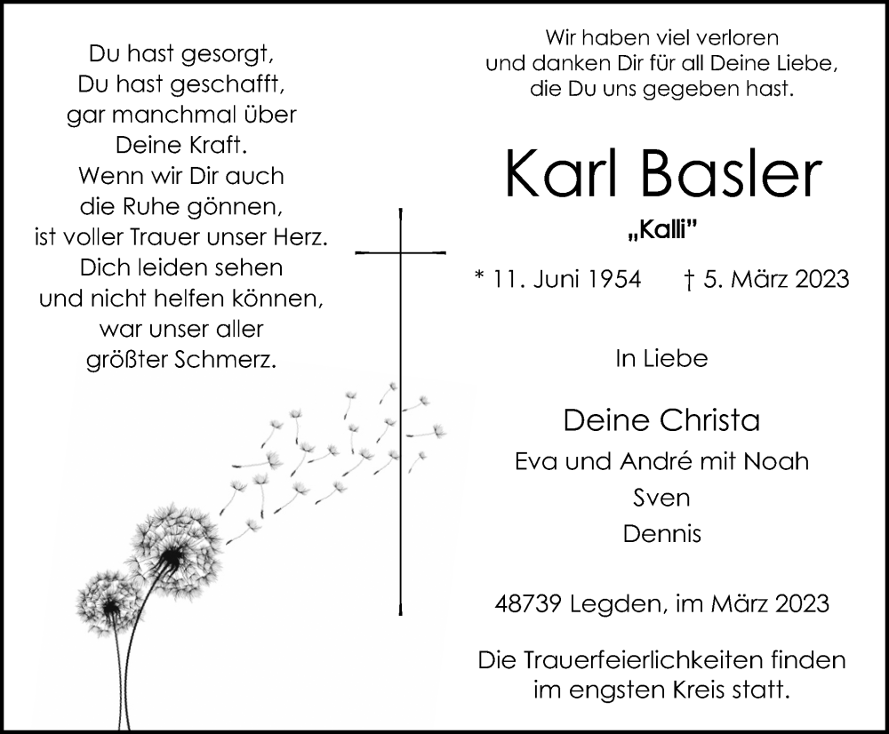 Traueranzeige für Karl Basler vom 08.03.2023 aus Münstersche Zeitung und Münsterland Zeitung