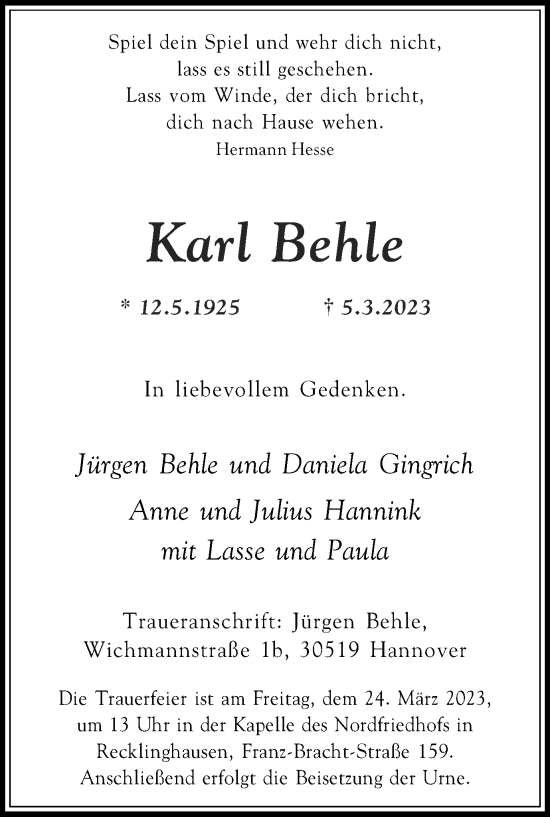 Traueranzeige von Karl Behle von Medienhaus Bauer