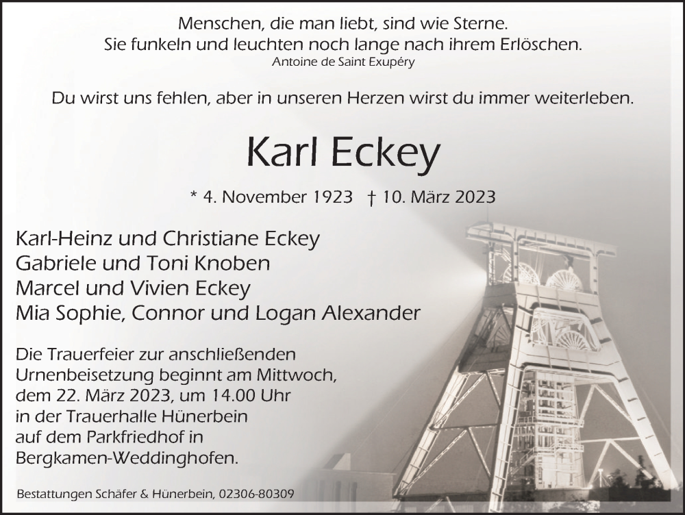  Traueranzeige für Karl Eckey vom 14.03.2023 aus Hellweger Anzeiger