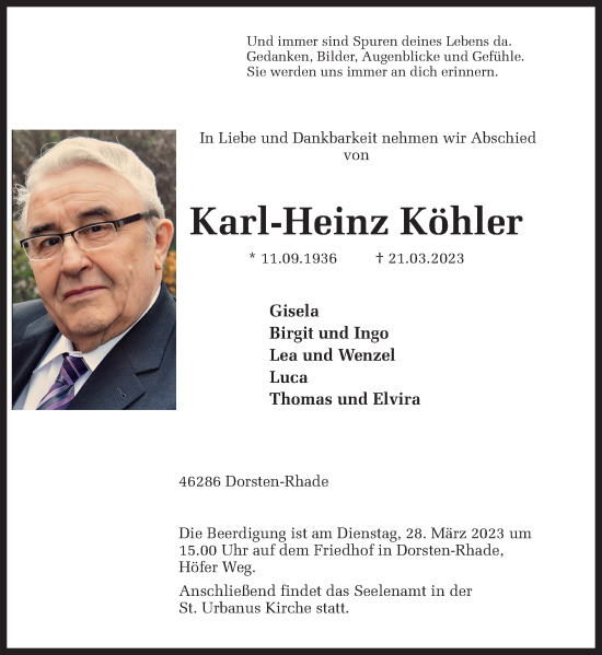 Traueranzeige von Karl-Heinz Köhler von Ruhr Nachrichten und Dorstener Zeitung