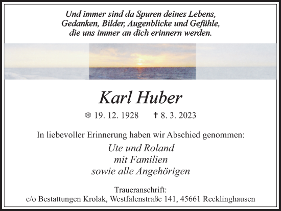 Traueranzeige von Karl Huber von Medienhaus Bauer