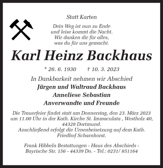 Traueranzeige von Karl Heinz Backhaus 