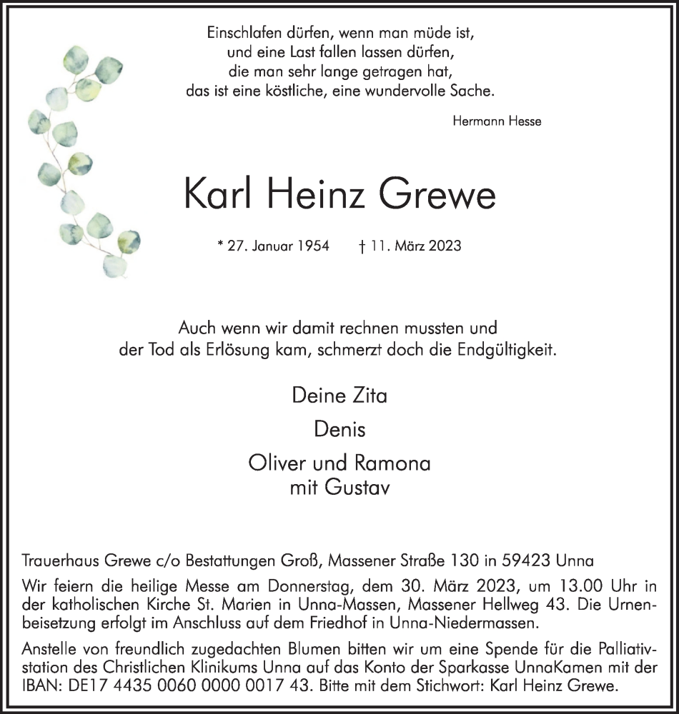  Traueranzeige für Karl Heinz Grewe vom 18.03.2023 aus Hellweger Anzeiger